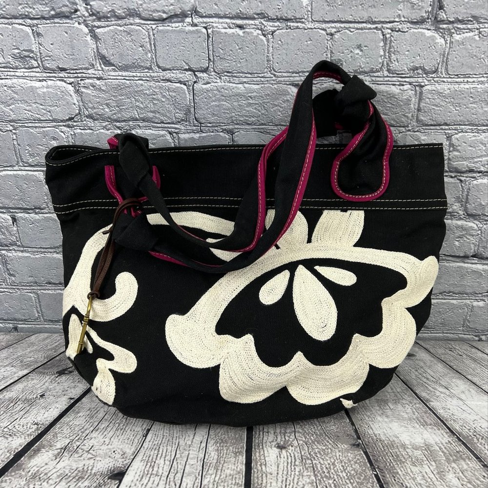 Fossil Black Canvas Shoulder Bag with Cream Floral Applique and Pink Trim